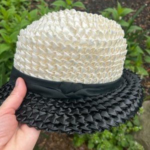 VTG Raffia Black White Straw Union Made HAT